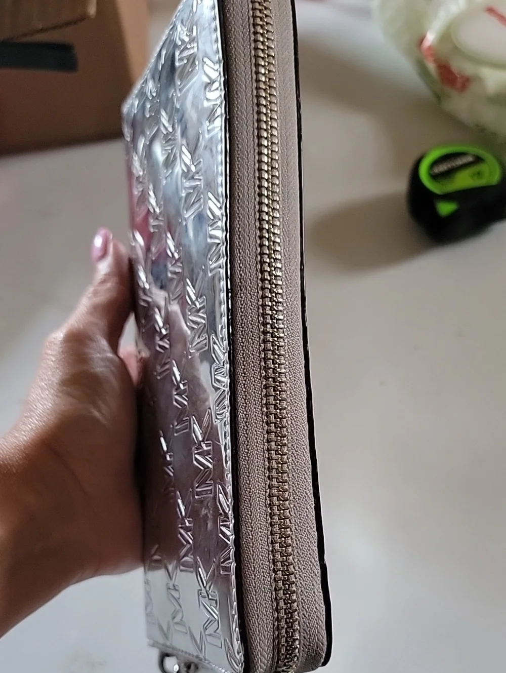 Michael Kors Jet Set Large Patent Logo Embossed Continental Wallet In Silver